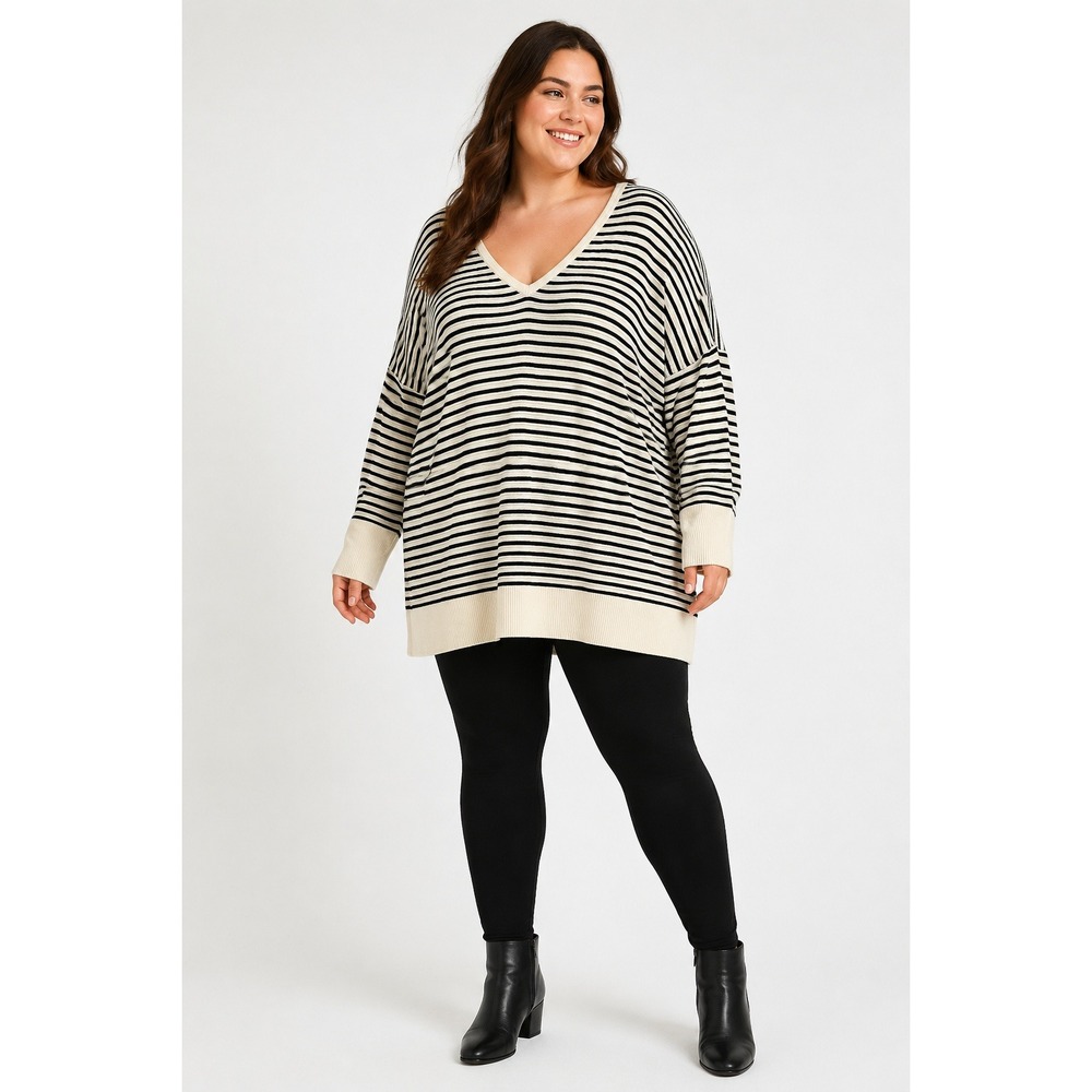 Lane Bryant Striped V Neck Dolman Tunic Sweater 18/20 Black Cream Cotton Blend